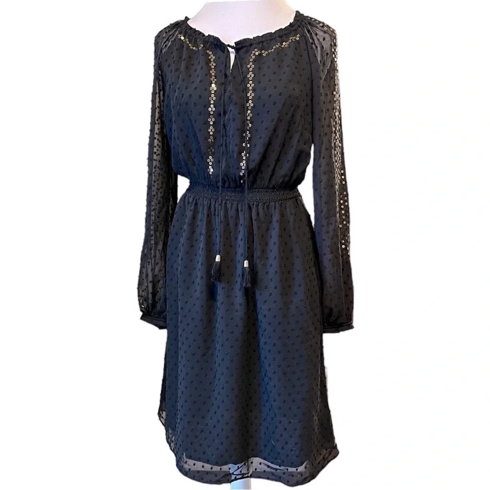 NWT Altuzarra Dress Black Swiss dot chiffon sequins long sleeves smocked Sz 4 - Picture 4 of 15